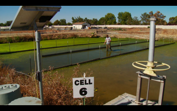 Man in high boots wading through filtering pond